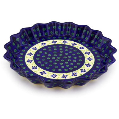 Polish Pottery Fluted Pie Dish 10&quot; Green Gingham Peacock