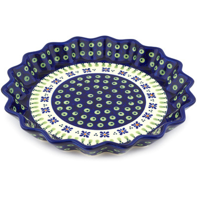Polish Pottery Fluted Pie Dish 10&quot; Green Gingham Peacock