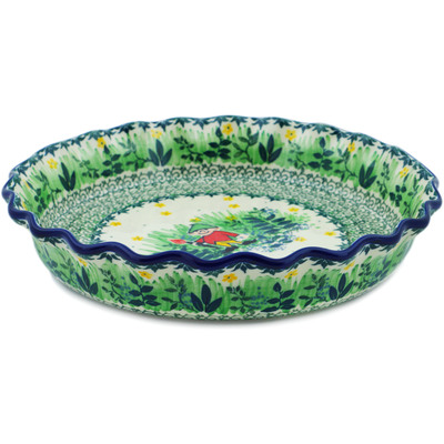 Polish Pottery Fluted Pie Dish 10&quot; Green Tranquility UNIKAT