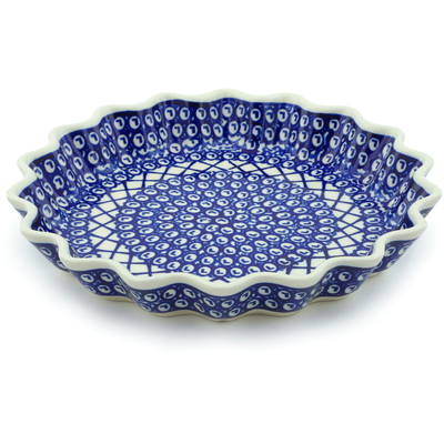 Polish Pottery Fluted Pie Dish 10&quot; Lattice Peacock