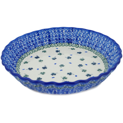 Polish Pottery Fluted Pie Dish 10" Lucky Clovers