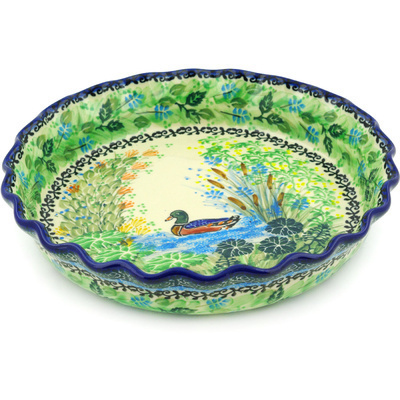 Polish Pottery Fluted Pie Dish 10&quot; Mallard Meadow UNIKAT