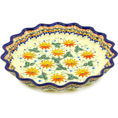 Polish Pottery Fluted Pie Dish 10&quot; Mexican Flame UNIKAT