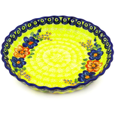 Polish Pottery Fluted Pie Dish 10&quot; Neon Poppies