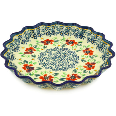 Polish Pottery Fluted Pie Dish 10&quot; Nightingale Flower