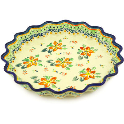 Polish Pottery Fluted Pie Dish 10&quot; Orange Clematis