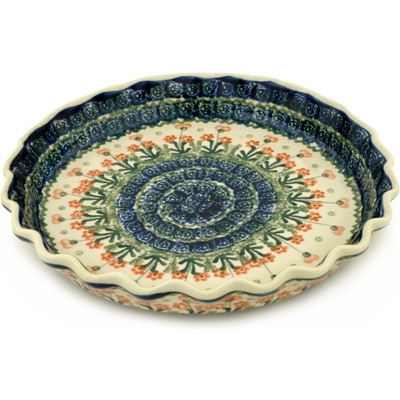Polish Pottery Fluted Pie Dish 10&quot; Peach Spring Daisy