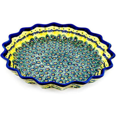 Polish Pottery Fluted Pie Dish 10&quot; Peacock Bumble Bee