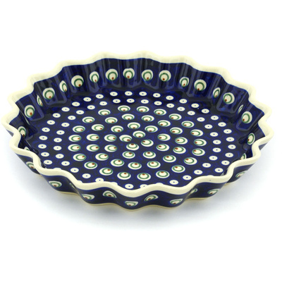 Polish Pottery Fluted Pie Dish 10&quot; Peacock Eyes