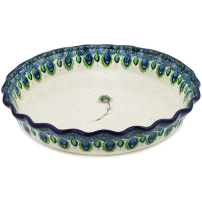 Polish Pottery Fluted Pie Dish 10&quot; Peacock Feather