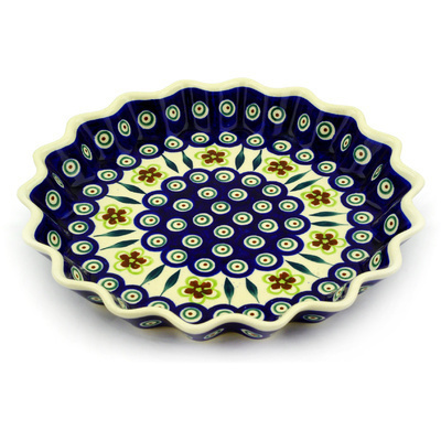 Polish Pottery Fluted Pie Dish 10&quot; Peacock Garden