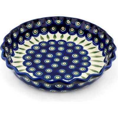 Polish Pottery Fluted Pie Dish 10&quot; Peacock Leaves