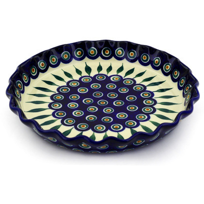 Polish Pottery Fluted Pie Dish 10&quot; Peacock Leaves