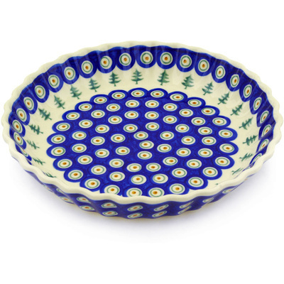 Polish Pottery Fluted Pie Dish 10&quot; Peacock Pines