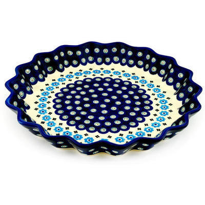 Polish Pottery Fluted Pie Dish 10&quot; Peacock Poppy Chain