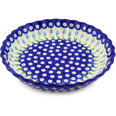 Polish Pottery Fluted Pie Dish 10&quot; Peacock Tulip Garden