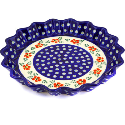 Polish Pottery Fluted Pie Dish 10&quot; Poinsetia Peacock