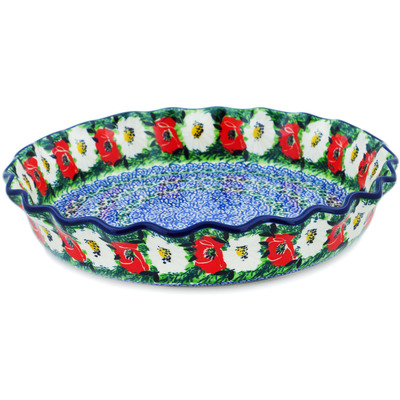 Polish Pottery Fluted Pie Dish 10&quot; Poppy Beauty UNIKAT