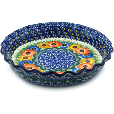 Polish Pottery Fluted Pie Dish 10&quot; Primary Poppy Chain UNIKAT
