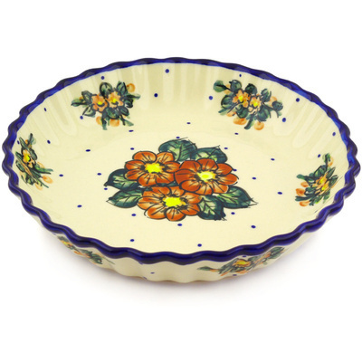 Polish Pottery Fluted Pie Dish 10&quot; Red Bouquet
