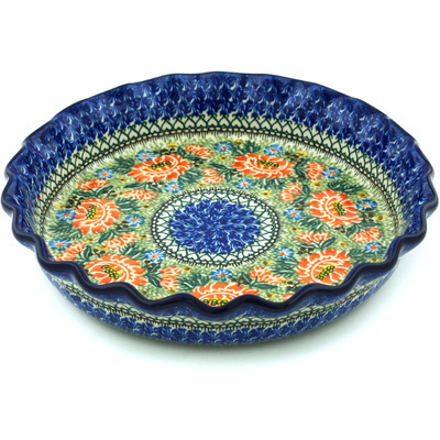 Polish Pottery Fluted Pie Dish 10&quot; Red Carnations UNIKAT