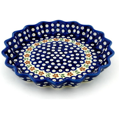 Polish Pottery Fluted Pie Dish 10&quot; Red Daisy Peacock