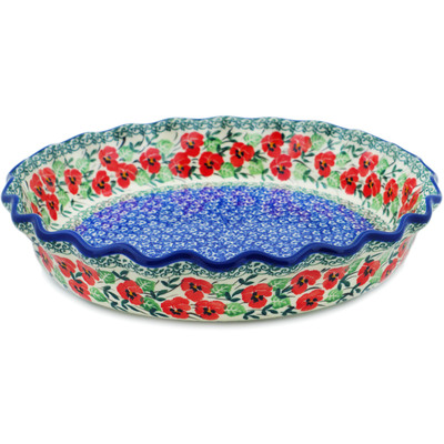 Polish Pottery Fluted Pie Dish 10&quot; Red Pansy