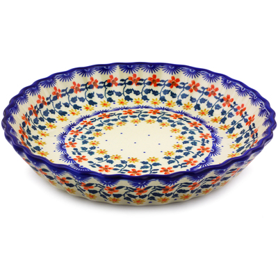 Polish Pottery Fluted Pie Dish 10&quot; Red Sunflower