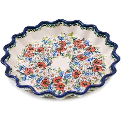 Polish Pottery Fluted Pie Dish 10&quot; Scarlet Poppy And White Daisy Wreath UNIKAT
