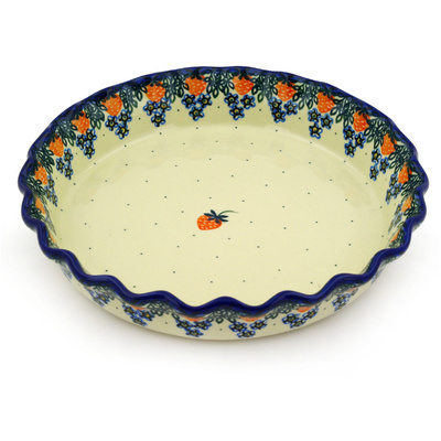 Polish Pottery Fluted Pie Dish 10&quot; Strawberry Fever
