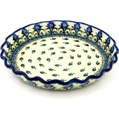 Polish Pottery Fluted Pie Dish 10&quot; Summer Cornflowers