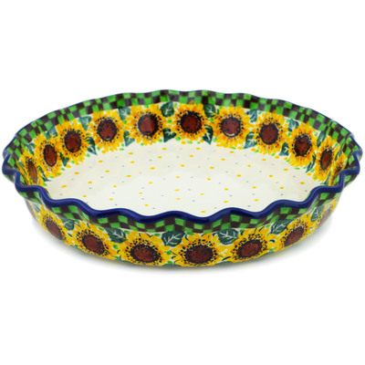Polish Pottery Fluted Pie Dish 10&quot; Summer Sunflower UNIKAT