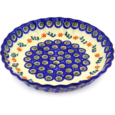 Polish Pottery Fluted Pie Dish 10&quot; Sunflower Peacock