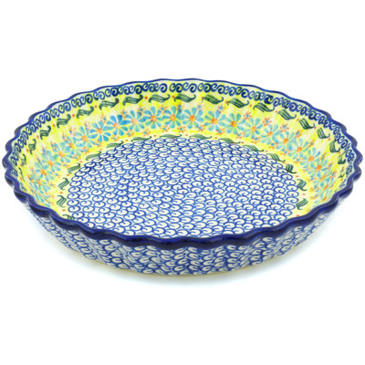 Polish Pottery Fluted Pie Dish 10&quot; Sunshine Blooms