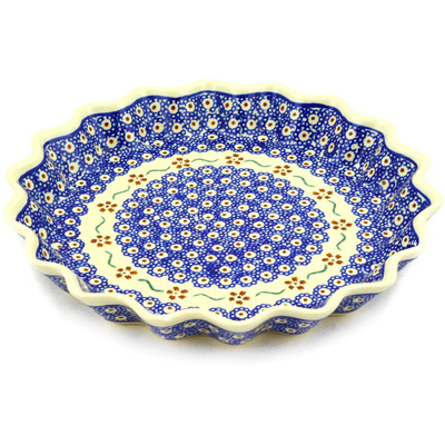 Polish Pottery Fluted Pie Dish 10&quot; Sweet Red Flower