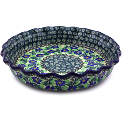 Polish Pottery Fluted Pie Dish 10&quot; Swirling Emeralds