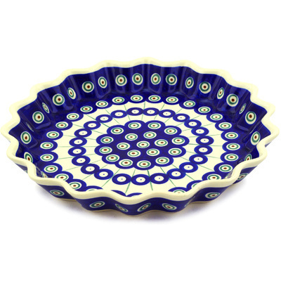 Polish Pottery Fluted Pie Dish 10&quot; Traditional Peacock