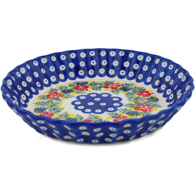 Polish Pottery Fluted Pie Dish 10&quot; Tropical Peacock UNIKAT