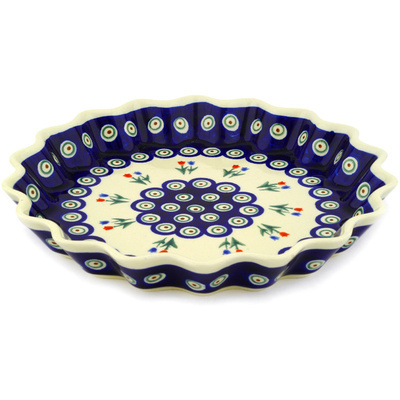 Polish Pottery Fluted Pie Dish 10&quot; Tulip Pair Peacock