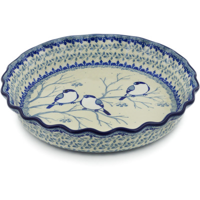 Polish Pottery Fluted Pie Dish 10&quot; Waiting Birds UNIKAT