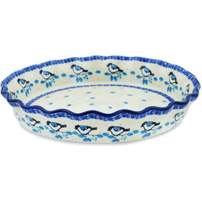 Polish Pottery Fluted Pie Dish 10&quot; Winter Sparrow