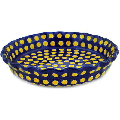 Polish Pottery Fluted Pie Dish 10" Yellow Dots