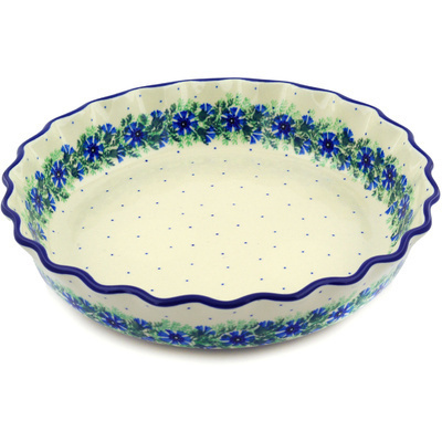 Polish Pottery Fluted Pie Dish 11&quot; Blue Bell Wreath