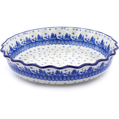 Polish Pottery Fluted Pie Dish 11&quot; Blue Winter
