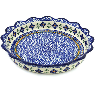 Polish Pottery Fluted Pie Dish 11&quot; Gangham Flower Chain