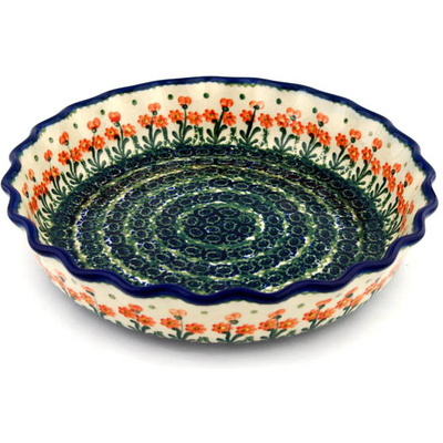 Polish Pottery Fluted Pie Dish 11&quot; Peach Spring Daisy