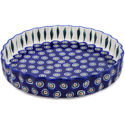 Polish Pottery Fluted Pie Dish 11&quot; Peacock Leaves