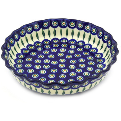 Polish Pottery Fluted Pie Dish 11&quot; Peacock Leaves