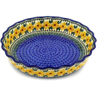 Polish Pottery Fluted Pie Dish 11&quot; Yellow Morning Glory