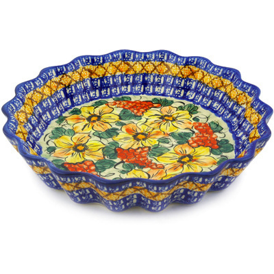 Polish Pottery Fluted Pie Dish 12&quot; Colorful Bouquet UNIKAT